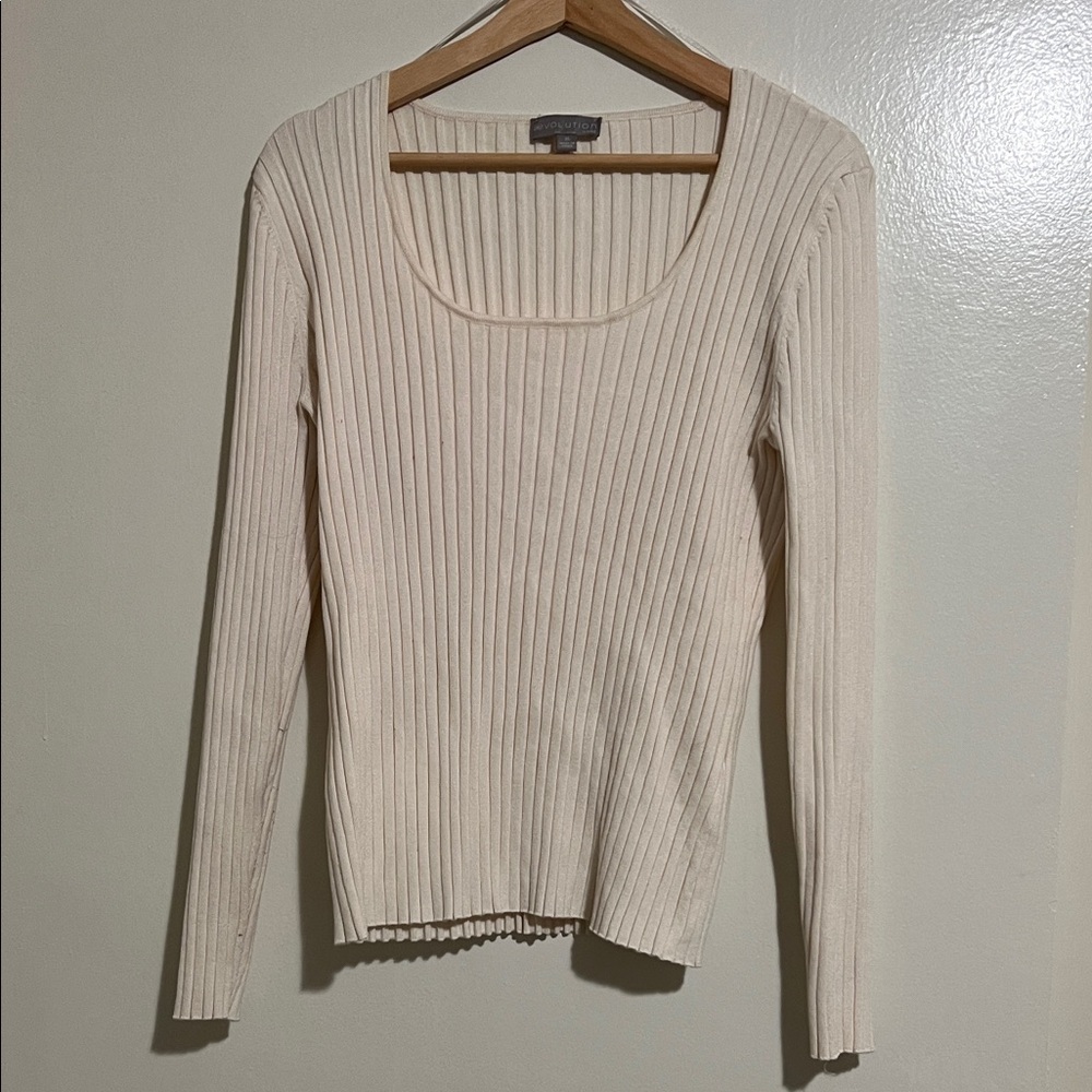 Cream Ribbed Long Sleeve Top